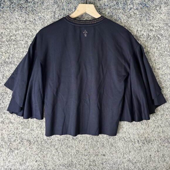 Ted Baker Shirt Womens XS Navy Emilaya Ruffle Flutter Bell Sleeve Metallic Trim - Picture 4 of 7
